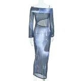 Women Gradient Hollow Crop Off Shoulder Raglan Long Sleeve Maxi Dress