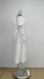 Women Spring and Summer French style puff sleeve lace slit Maxi Dress