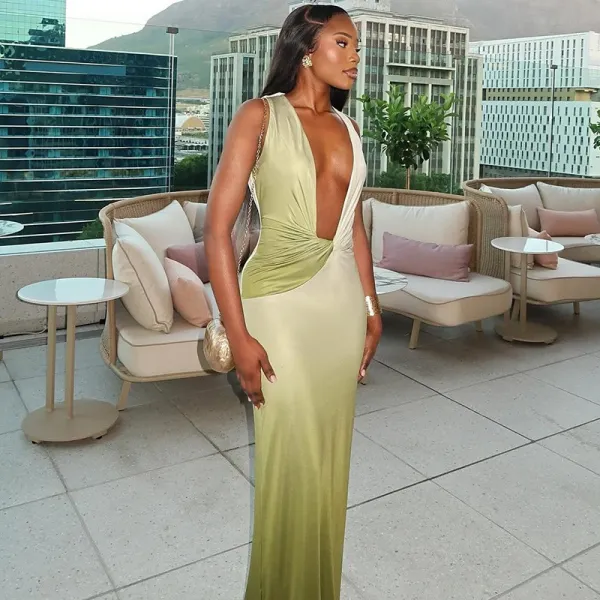 Women Gradient Sexy V Neck Sleeveless Dress
