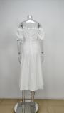Women Spring and Summer French style puff sleeve lace slit Maxi Dress
