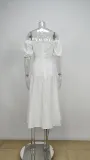 Women Spring and Summer French style puff sleeve lace slit Maxi Dress