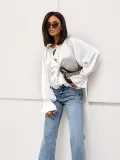 Women Spring ruffled Bell Bottom sleeve V neck lace shirt