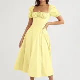 Women Spring and Summer French style puff sleeve lace slit Maxi Dress