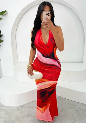 Fashionable and sexy contrasting print spring Halter Neck Lace-Up Low Back Bodycon dress for women