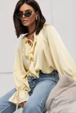Women Spring ruffled Bell Bottom sleeve V neck lace shirt