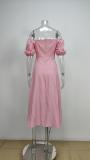 Women Spring and Summer French style puff sleeve lace slit Maxi Dress
