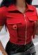Women's Red Short-sleeved Casual Patch Pocket Turndown Collar Shirt Top