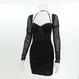 Women's mesh herringbone long sleeve Halter Neck fashion nightclub Bodycon Short dress