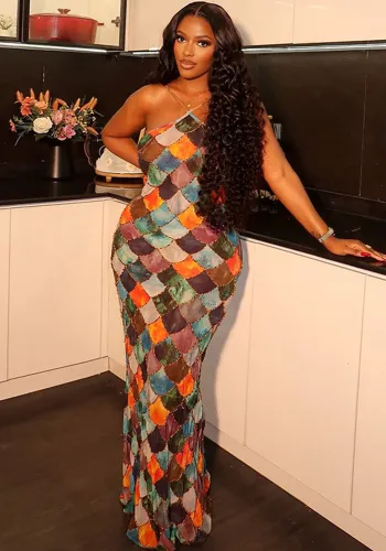 Sexy straps spring and summer Multi-Color Print  Sexy straps Slim Fit long Dress for women