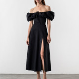 Women Spring and Summer French style puff sleeve lace slit Maxi Dress