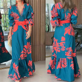 Women button V neck elegant print lace dress