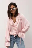 Women Spring ruffled Bell Bottom sleeve V neck lace shirt