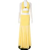 Women's Halter Neck Hollow Top & Chiffon Patchwork Skirt Two-Piece set