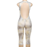 Women Summer Sexy Sleeveless Round Neck Leopard Print Hollow Backless Jumpsuit