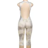 Women Summer Sexy Sleeveless Round Neck Leopard Print Hollow Backless Jumpsuit