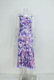 Women Slash Shoulder suspender fishtail print dress
