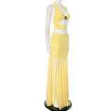 Women's Halter Neck Hollow Top & Chiffon Patchwork Skirt Two-Piece set