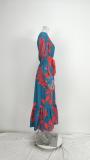 Women button V neck elegant print lace dress