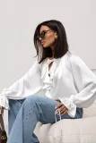 Women Spring ruffled Bell Bottom sleeve V neck lace shirt
