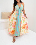 Women's Halter Neck Back Hollow Print Long Dress