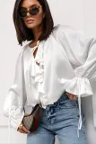 Women Spring ruffled Bell Bottom sleeve V neck lace shirt