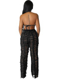 Spring Summer Women's Ripped Tassel Solid Color Wide Leg Pants