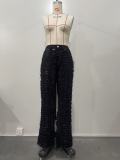 Spring Summer Women's Ripped Tassel Solid Color Wide Leg Pants