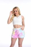 Women's Tie-Dye Style Mid-Waist Drawstring High-Stretch Ripped Tassel Denim Shorts