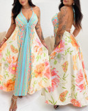 Women's Halter Neck Back Hollow Print Long Dress