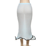 Women Summer Solid Knitting See-Through Wave Edge Bodycon Skirt