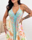 Women's Halter Neck Back Hollow Print Long Dress