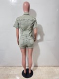 Women Stretch Short Sleeve Washed Denim Jumpsuit