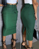 Women's Solid Color High-waist Belt Casual Cargo Long Skirt