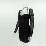 Women's mesh herringbone long sleeve Halter Neck fashion nightclub Bodycon Short dress