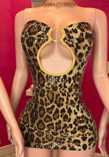 Spring Summer fashion leopard sequin slim sexy Strapless Bodycon Dress