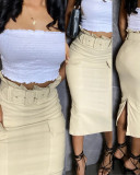Women's Solid Color High-waist Belt Casual Cargo Long Skirt