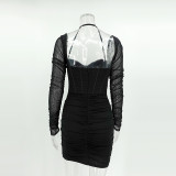 Women's mesh herringbone long sleeve Halter Neck fashion nightclub Bodycon Short dress