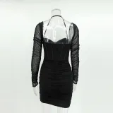 Women's mesh herringbone long sleeve Halter Neck fashion nightclub Bodycon Short dress