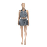 Women Summer Backless Top and Bubble Mini Skirt Two Piece Set