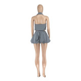 Women Summer Backless Top and Bubble Mini Skirt Two Piece Set