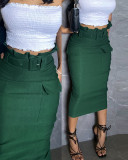 Women's Solid Color High-waist Belt Casual Cargo Long Skirt