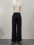 Spring Summer Women's Ripped Tassel Solid Color Wide Leg Pants