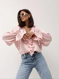 Women Spring ruffled Bell Bottom sleeve V neck lace shirt