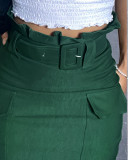 Women's Solid Color High-waist Belt Casual Cargo Long Skirt