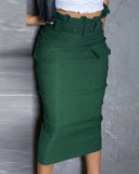Women's Solid Color High-waist Belt Casual Cargo Long Skirt