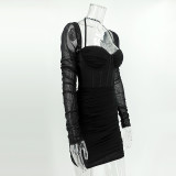 Women's mesh herringbone long sleeve Halter Neck fashion nightclub Bodycon Short dress