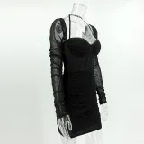 Women's mesh herringbone long sleeve Halter Neck fashion nightclub Bodycon Short dress