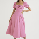 Women Spring and Summer French style puff sleeve lace slit Maxi Dress