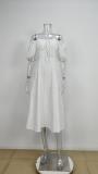 Women Spring and Summer French style puff sleeve lace slit Maxi Dress