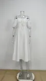 Women Spring and Summer French style puff sleeve lace slit Maxi Dress